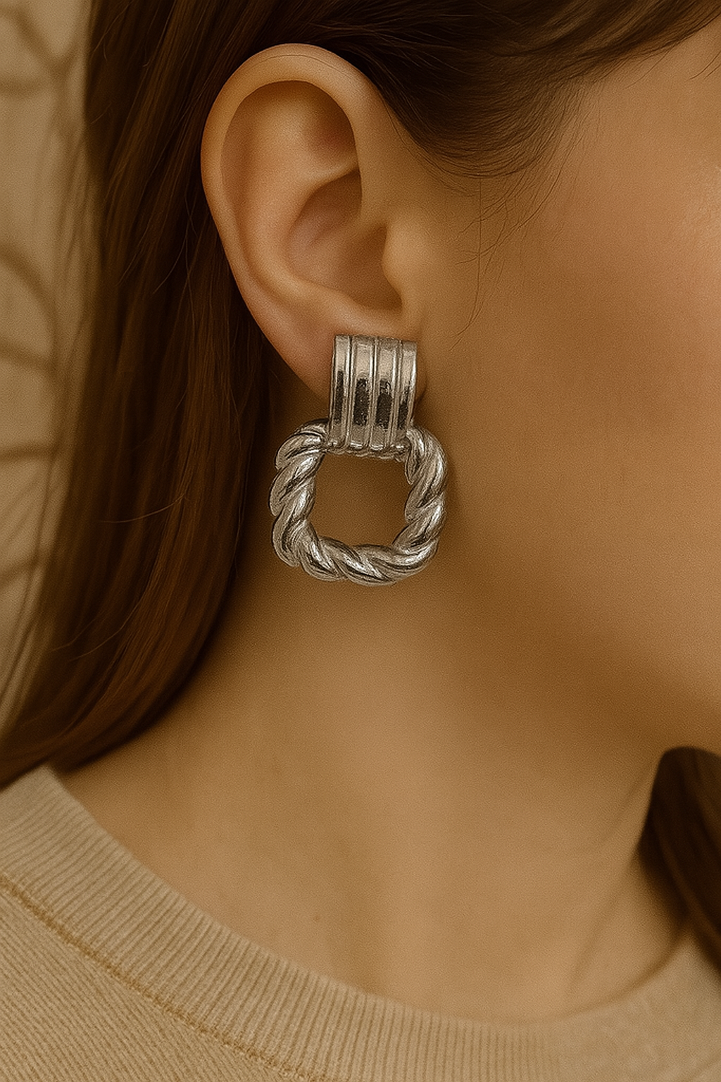 Silver Rope Square Hoops