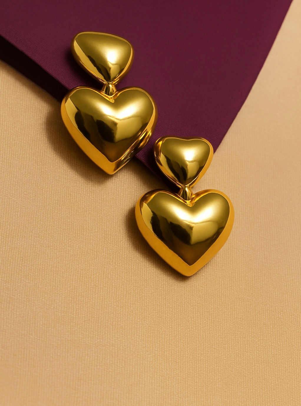 Golden Double Heart Drop Earrings