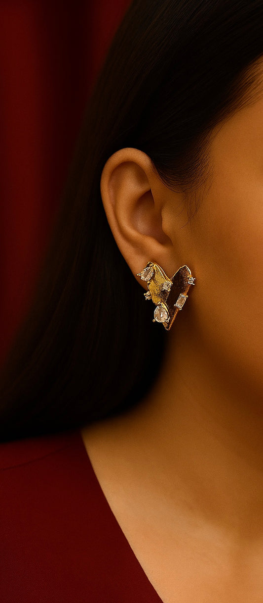 Golden V-Heart Crystal Earrings