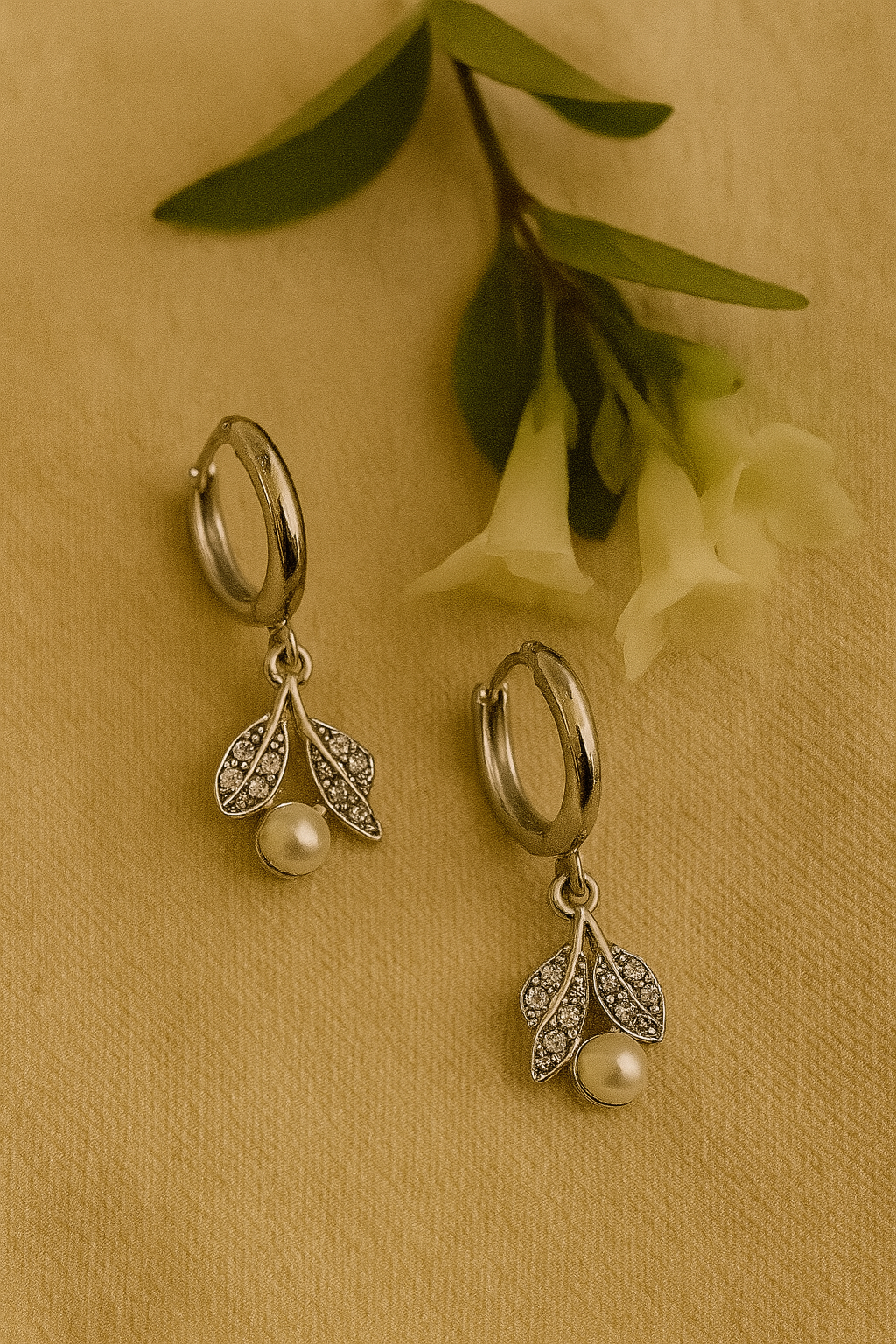 Pearl Leaf Charm Hoops