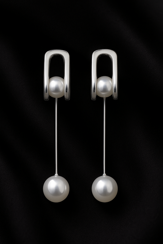Silver Orbit Drop Pearl Earrings